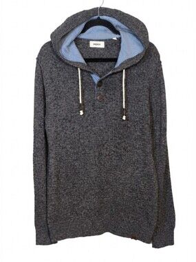 Mexx Grey Melange Wool Blend Henley Hoodie Sweater Men Size Medium Fall Winter